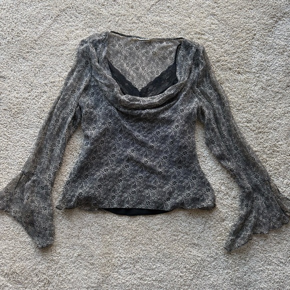 Tops - Sheer Lace Layered Blouse Bell Sleeve Cowl Neck Romantic Y2K Top